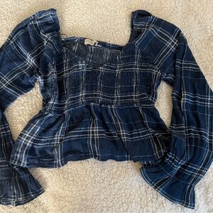 Free People Navy Plaid Blouse